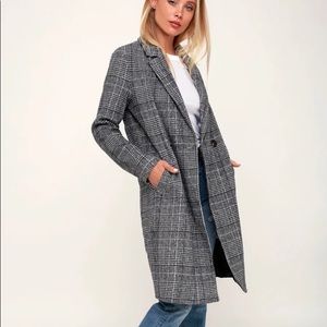 Lulus Chilly Out Black and White Glen Plaid Long Coat Size XS